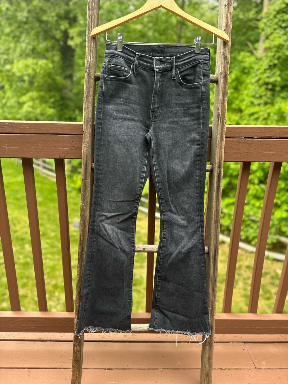 MOTHER Black High-Rise Flare Jeans - the Weekender Fray